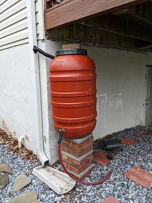 A rain barrel. Rainwater is soft but can carry roof dirt and pollutants.